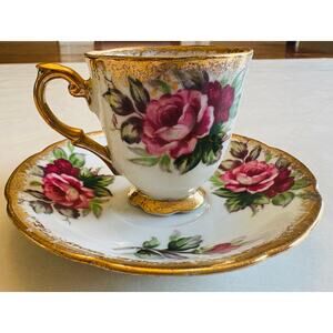 VTG Napco Hand Painted Tea Cup & Saucer Floral Pink White & Gold Footed